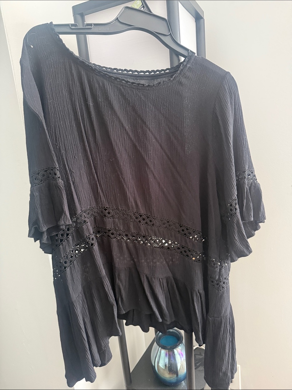 Source Unknown Black Boho Crochet-Trim Peasant Top